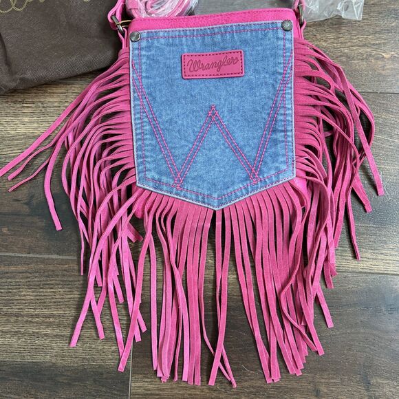 Wrangler Purse Leather Fringe Denim Hot Pink Crossbody Bag WG44-8360HPK Western - Picture 3 of 9